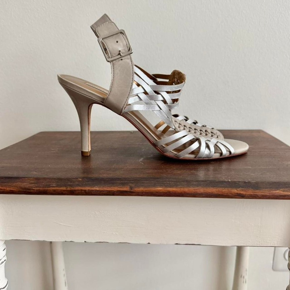 Strappy‎ braided silver and taupe heel leather 10 gladiator peep toe y2k boho